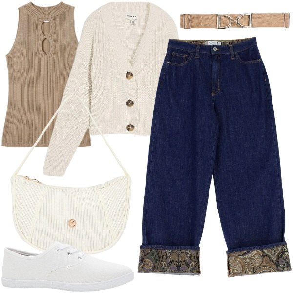 Outfit donna - La mia Unicità nei Particolari (Curvy). Stile Urban per Tutti i giorni. Abbinamento con sneakers, cardigans, cinture, borse a mano, jeans, top.