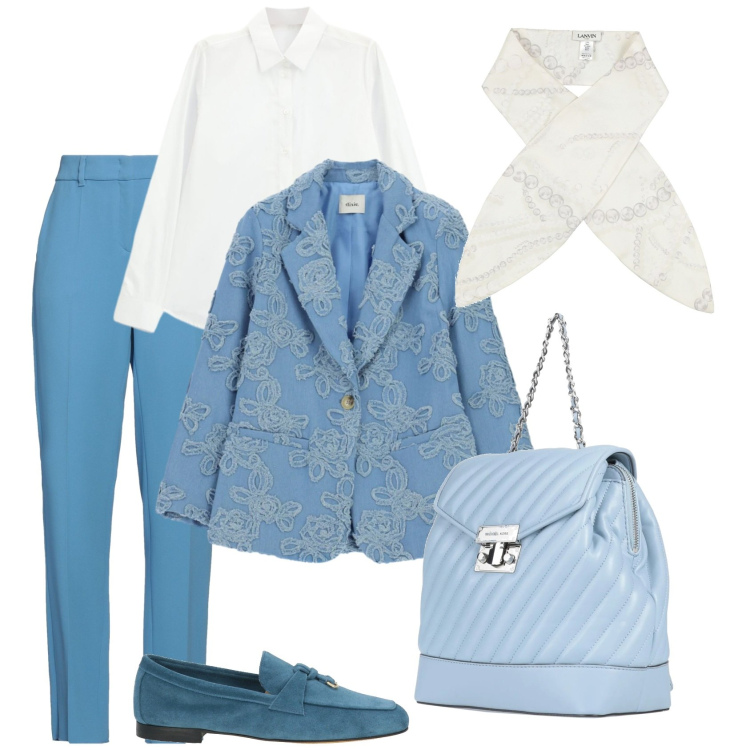 Outfit donna - Outifit n.5. Stile Glamour per Ufficio. Abbinamento con zaini, sciarpe, pantaloni, mocassini, blazer, camicie.