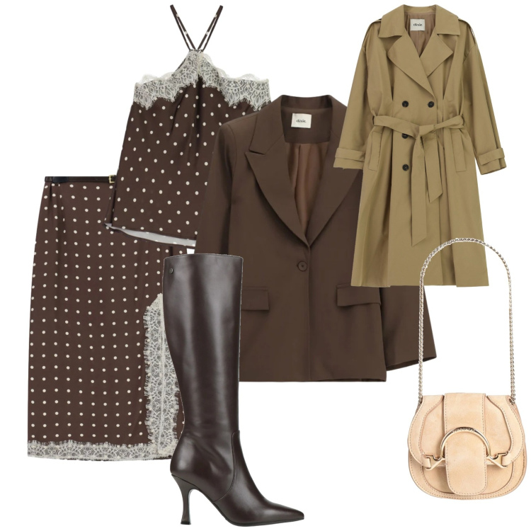 Outfit donna - Outifit n.6. Stile Trendy per Serata fuori. Abbinamento con marsupi, stivali, canottiere, gonne lunghe, trench, blazer.