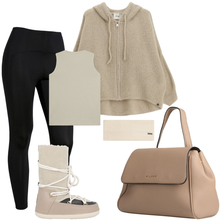 Outfit donna - Un giorno in chalet. Stile Minimal per Sport. Abbinamento con zaini, stivali da neve, cardigans, leggings, accessori per capelli, canottiere.