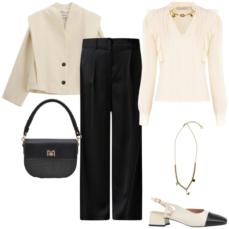 Outfit donna - Total look #2344604. Stile Casual chic per Ufficio. Abbinamento con décolleté, blazer, ciondoli, borse a spalla, pantaloni, bluse.