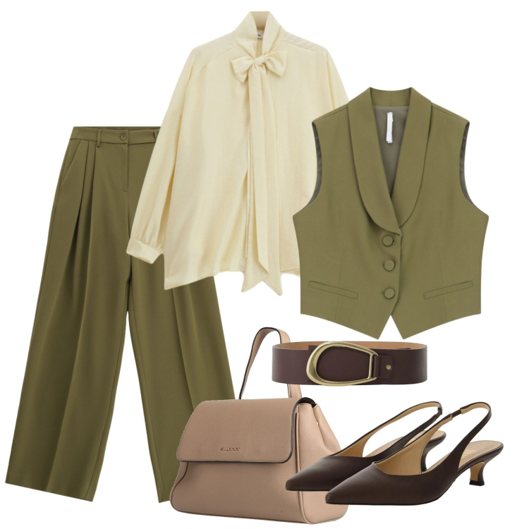 Outfit donna - Eleganza quotidiana. Stile Chic per Ufficio. Abbinamento con zaini, pantaloni a palazzo, gilet, camicie, cinture, décolleté.
