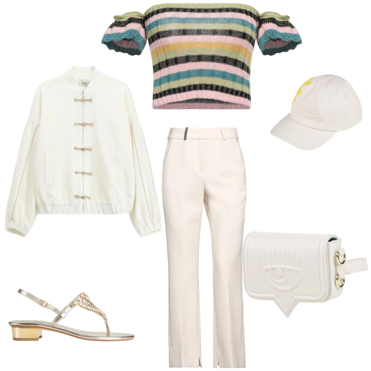 Outfit donna - Sorbetto Pop. Stile Casual chic per Tutti i giorni. Abbinamento con marsupi, top, cappelli con visiera, pantaloni, infradito, bomber.
