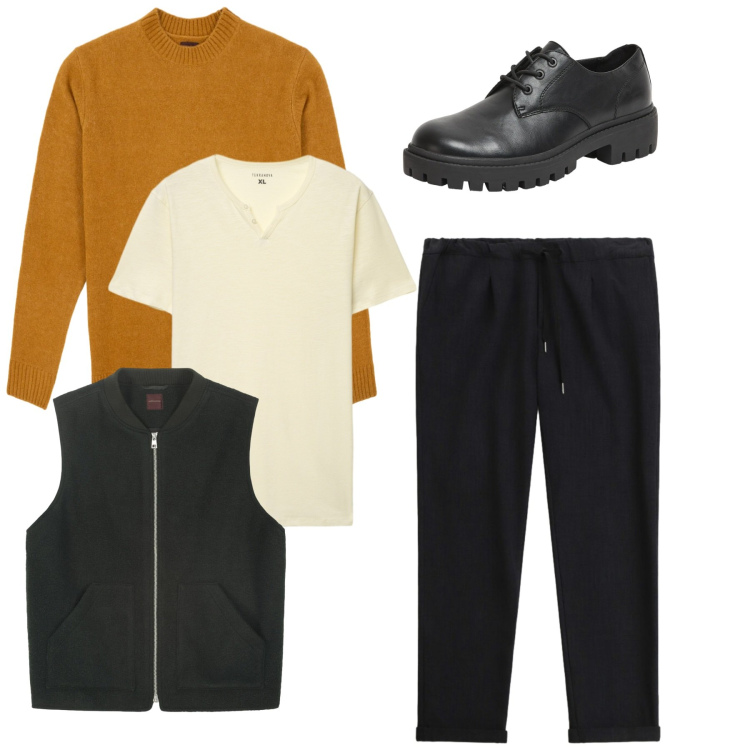 Outfit uomo - Total look. Stile Casual per Tutti i giorni. Abbinamento con pantaloni, scarpe stringate, t-shirt, piumini, maglieria.