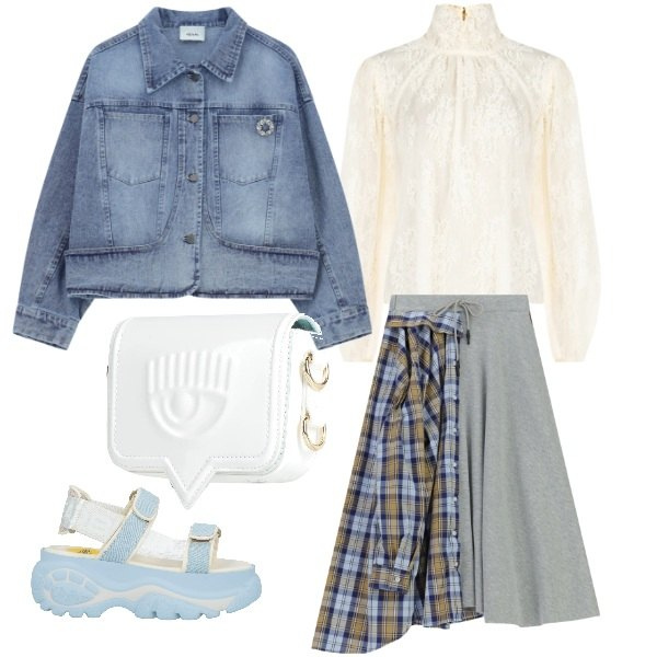 Outfit donna - azzurro cielo. Stile Romantica per Tutti i giorni. Abbinamento con marsupi, sandali col tacco, gonne lunghe, blazer, bluse.