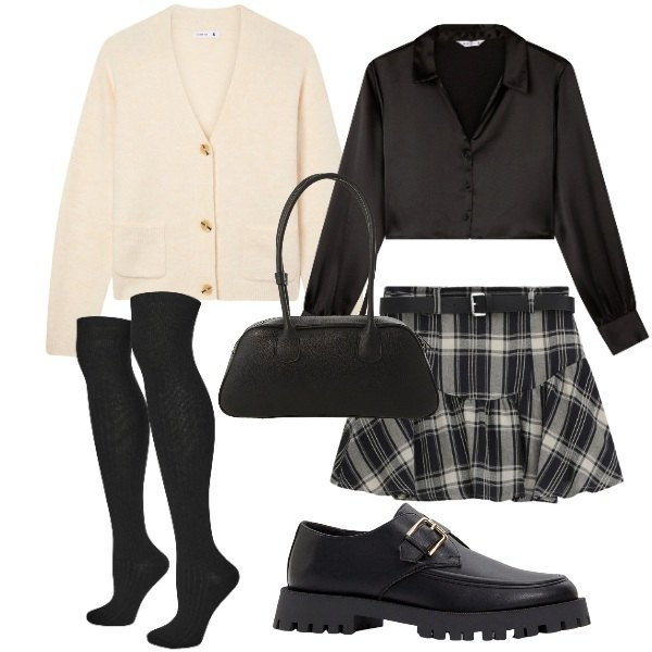 Outfit donna - schoolgirl. Stile Preppy per Tutti i giorni. Abbinamento con mocassini, cardigans, calzini, camicie, minigonne, borse a mano.