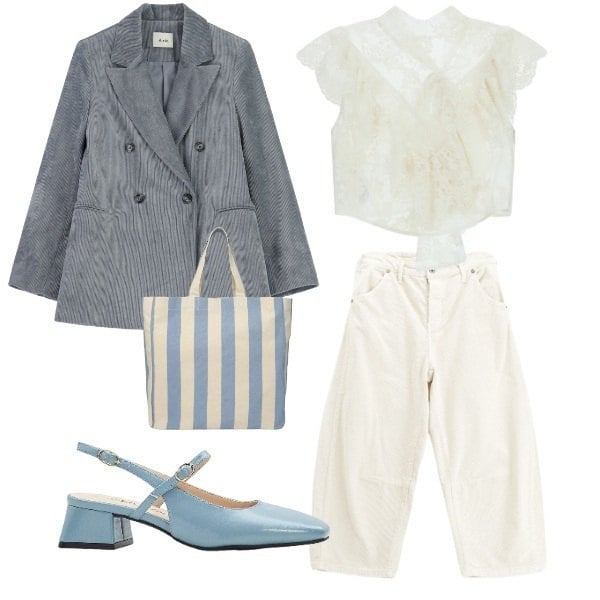 Outfit donna - azzurra. Stile Preppy per Tutti i giorni. Abbinamento con décolleté, shopping bag, pantaloni, bluse, blazer.