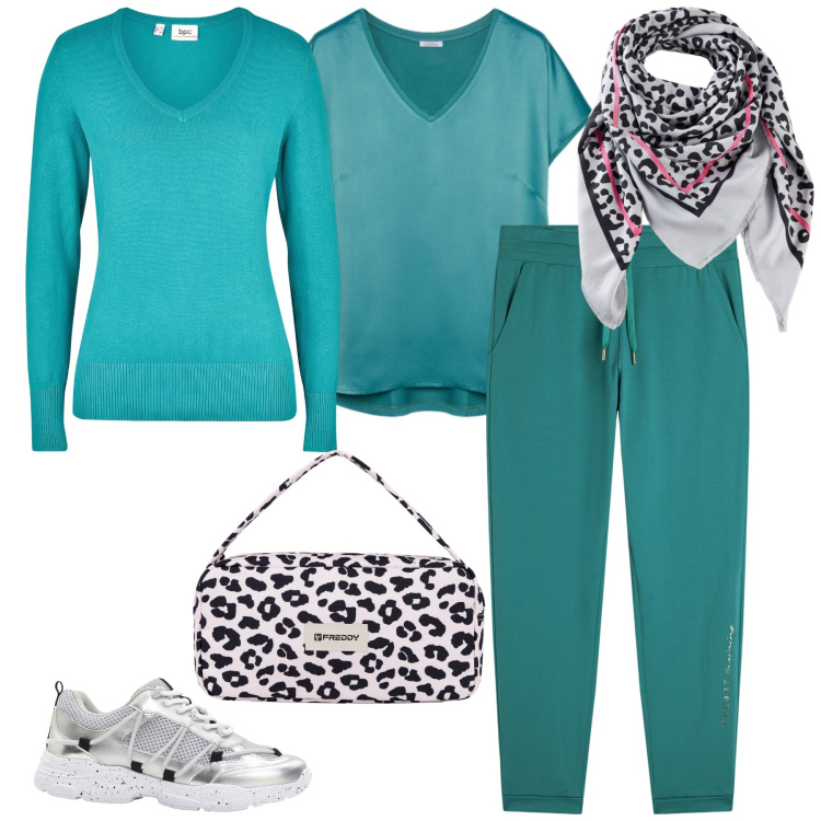 Outfit donna - Total look #2344618. Stile Sporty chic per Tutti i giorni. Abbinamento con foulard, maglieria, sneakers, bluse, borse a spalla, pantaloni sportivi.