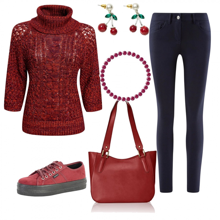 Outfit donna - Rosso sportivo. Stile Urban per Tutti i giorni. Abbinamento con maglione, pantalone in in maglia aderente blu, orecchini a perno, sneakers con lacci rosso, shopping bag rosso, braccialetto rosso.