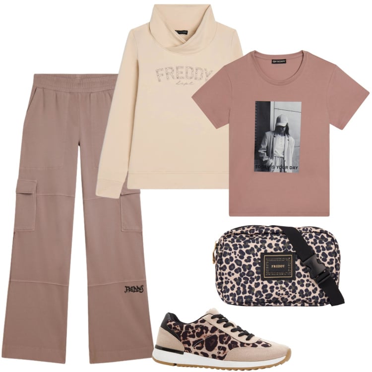 Outfit donna - Sport-chic leopardato. Stile Sporty chic per Sport. Abbinamento con sneakers, marsupi, pantaloni cargo, felpe con cappuccio, t-shirt.
