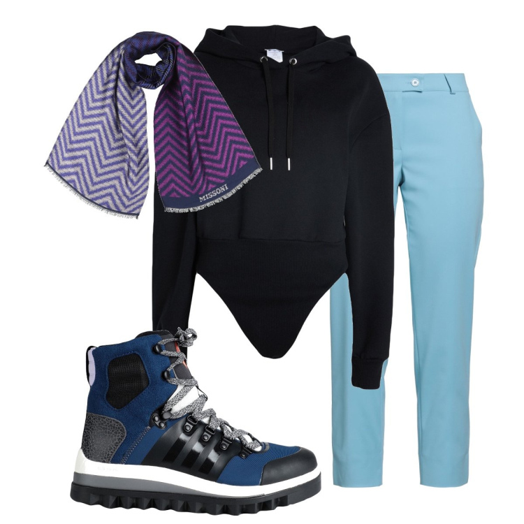 Outfit donna - In montagna curvy. Stile Sporty chic per Tutti i giorni. Abbinamento con sciarpe, body, pantaloni, stivaletti.