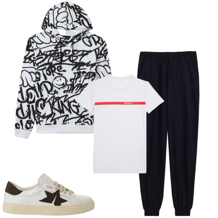 Outfit uomo - Total look #2344625. Stile Trendy per Sport. Abbinamento con felpe con cappuccio, sneakers, t-shirt, pantaloni.