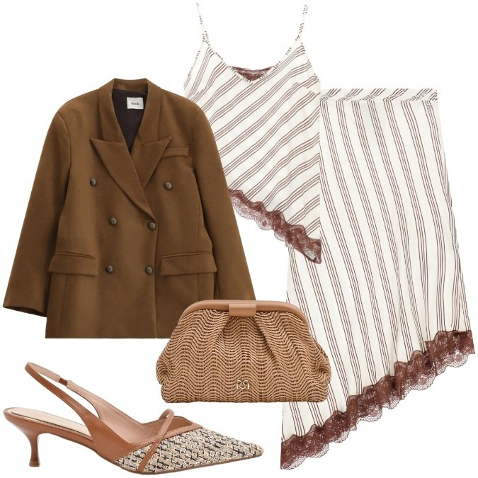 Outfit donna - Cioccolato di fine inverno. Stile Urban per Tutti i giorni. Abbinamento con blazer, gonne longuette, top, pochette, décolleté.