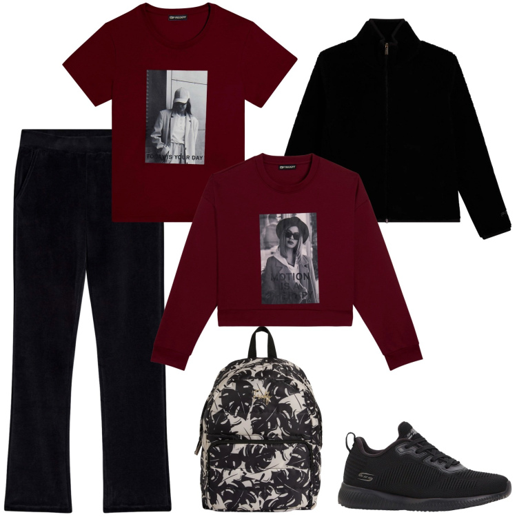 Outfit donna - Total look #2344632. Stile Sporty chic per Sport. Abbinamento con sneakers, pantaloni, felpe, zaini, t-shirt, bomber.