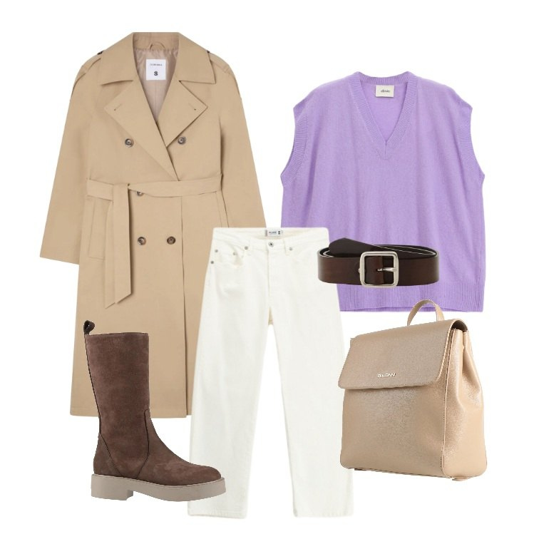 Outfit donna - Il classico trench. Stile Trendy per Ufficio. Abbinamento con stivali, zaini, trench, maglieria, cinture, pantaloni.