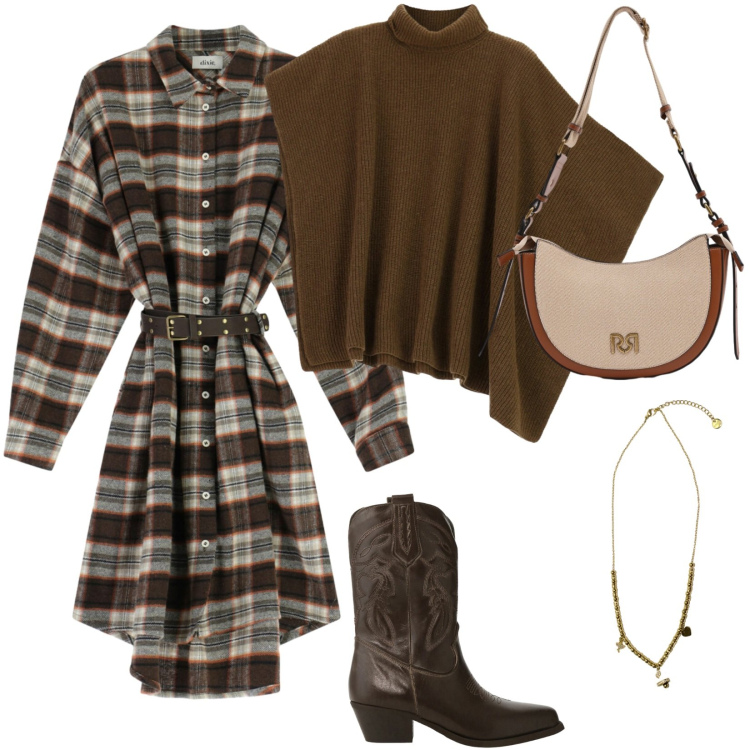 Outfit donna - Total look #2344635. Stile Vintage retrò per Tutti i giorni. Abbinamento con vestiti corti, maglieria, stivali, ciondoli, borse a tracolla.