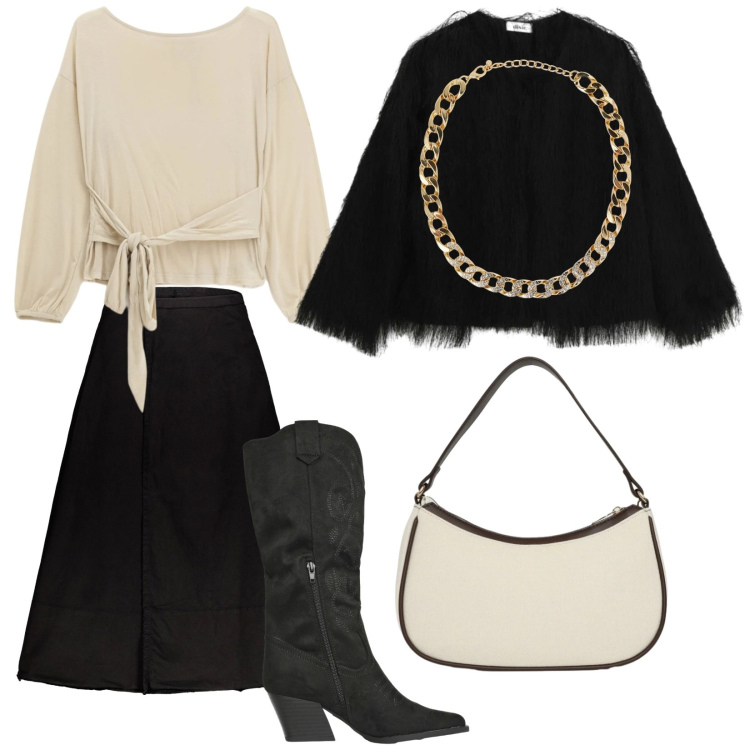 Outfit donna - Febbraio di sera. Stile Glamour per Serata fuori. Abbinamento con collane, stivali, borse a tracolla, blazer, top, gonne lunghe.