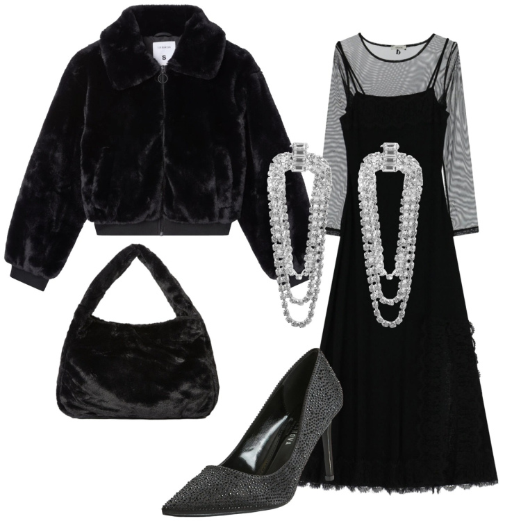 Outfit donna - Serata retrò. Stile Vintage retrò per Serata fuori. Abbinamento con orecchini, décolleté, ecopellicce, borse a spalla, vestiti lunghi.