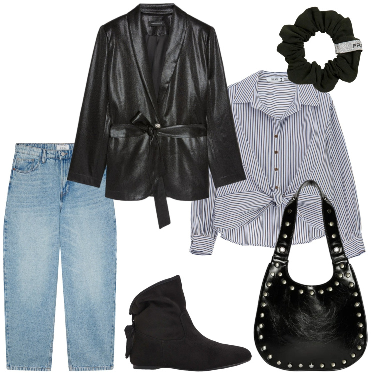 Outfit donna - Total look #2344647. Stile Minimal per Ufficio. Abbinamento con stivaletti, jeans, borse a spalla, blazer, accessori per capelli, camicie.