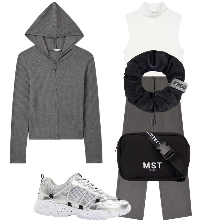 Outfit donna - A passeggio con Puddy. Stile Casual per Tutti i giorni. Abbinamento con sneakers, maglieria, pantaloni, canottiere, accessori per capelli, borse sportive.