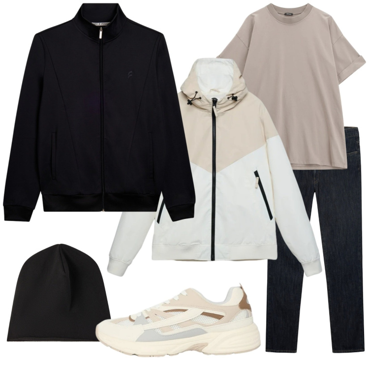 Outfit uomo - Total look #2344653. Stile Casual per Tutti i giorni. Abbinamento con t-shirt, berretti, sneakers, giacche sportive, bomber, jeans.