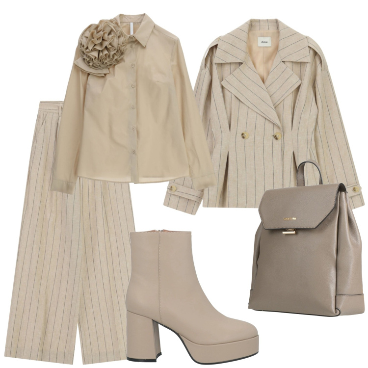 Outfit donna - Look beige elegante. Stile Casual chic per Ufficio. Abbinamento con stivaletti, zaini, camicie, blazer, pantaloni a palazzo.