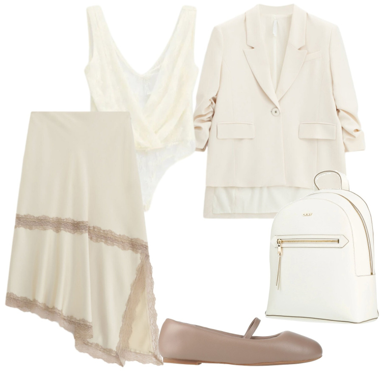 Outfit donna - Look bianco. Stile Chic per Tutti i giorni. Abbinamento con ballerine, zaini, gonne longuette, top, blazer.