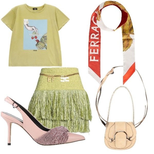 Outfit donna - la gonna Elisabetta Franchi. Stile Trendy per Tutti i giorni. Abbinamento con décolleté, minigonne, sciarpe, marsupi, t-shirt.