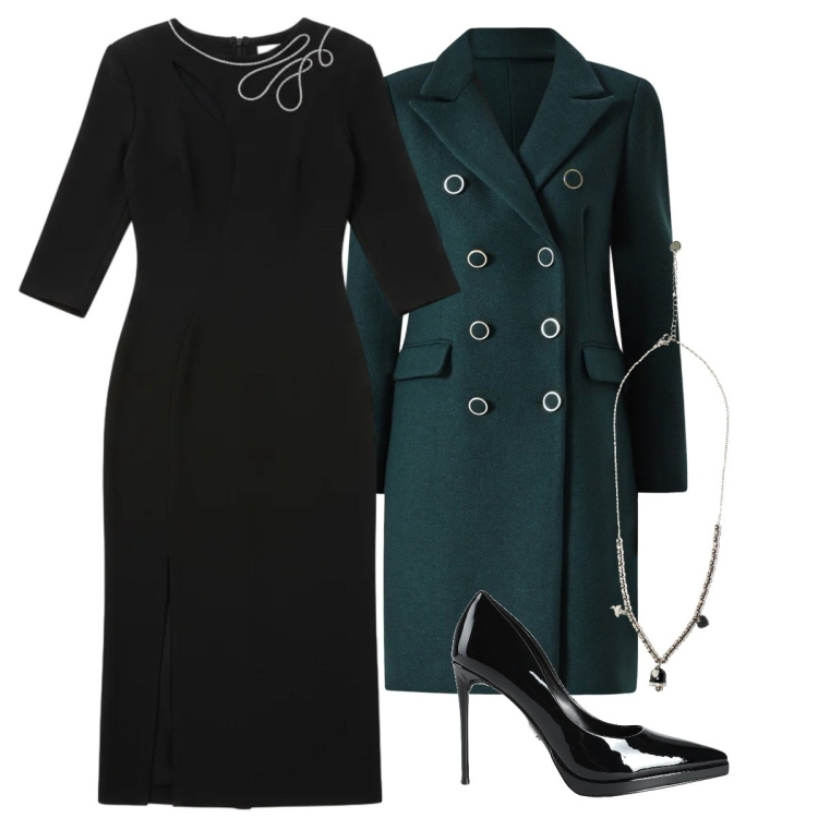 Outfit donna - Cerimonia invernale. Stile Chic per Cerimonia. Abbinamento con décolleté, ciondoli, cappotti, vestiti asimmetrici.