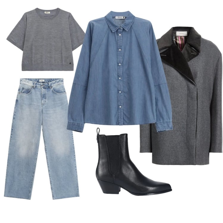 Outfit donna - Coordinati in Jeans. Stile Urban per Tutti i giorni. Abbinamento con stivaletti chelsea, cappotti, camicie, jeans dritti, t-shirt.
