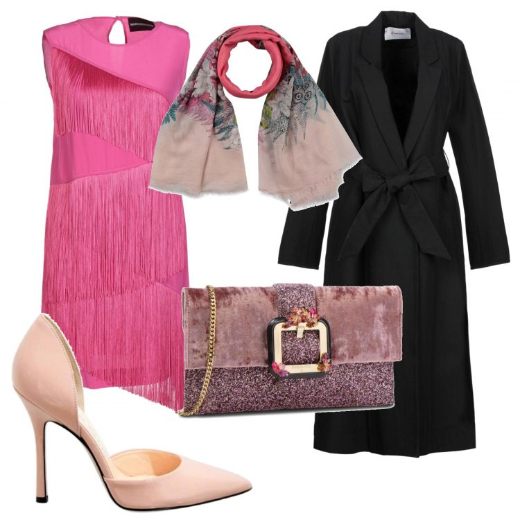 Outfit donna - Trendy #3599. Stile Trendy per Cerimonia. look ideale per Tall. Abbinamento con vestito corto con frange collo tondo senza maniche interno sfoderato in raso tinta unita, soprabito, foulard con stampa in cotone, décolleté effetto vernice, pochette con strass interno foderato in velluto.
