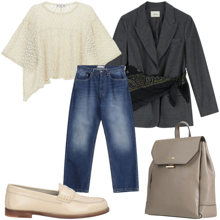 Outfit donna - Total look #2344670. Stile Casual per Tutti i giorni. Abbinamento con mocassini, zaini, blazer, top, jeans dritti.