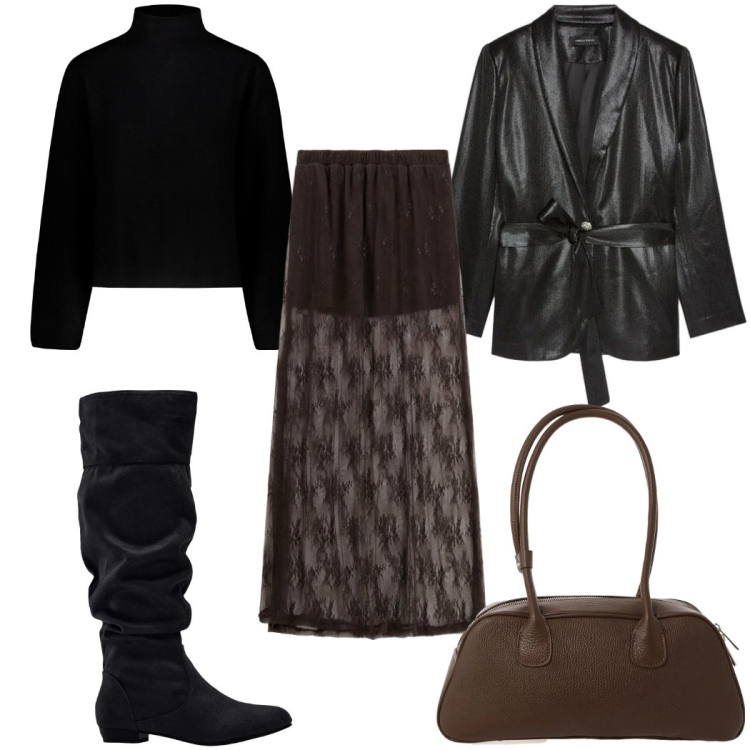 Outfit donna - Total look #2344671. Stile Trendy per Tutti i giorni. Abbinamento con stivali, blazer, gonne lunghe, borse a mano, maglieria.