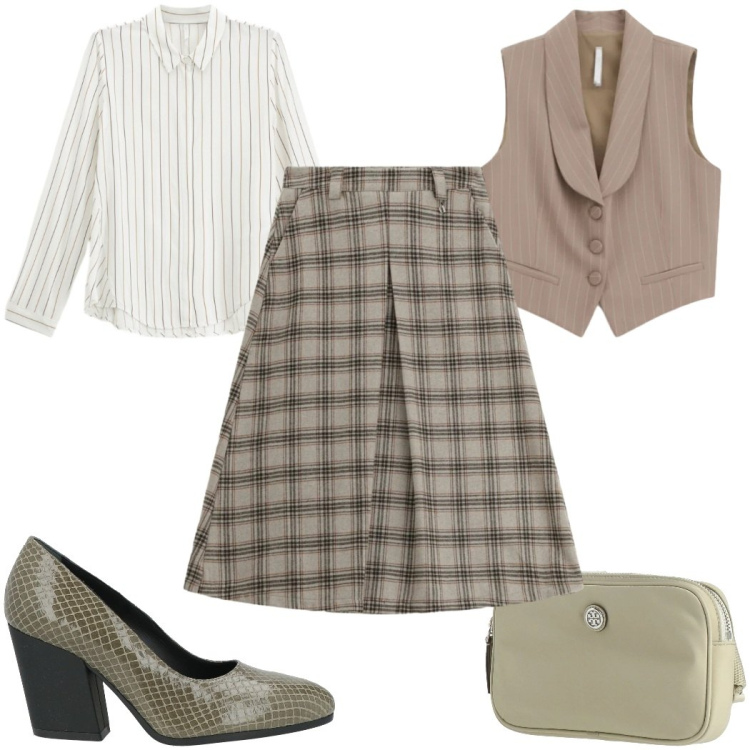 Outfit donna - Total look #2344673. Stile Trendy per Tutti i giorni. Abbinamento con décolleté, marsupi, camicie, gilet, gonne longuette.