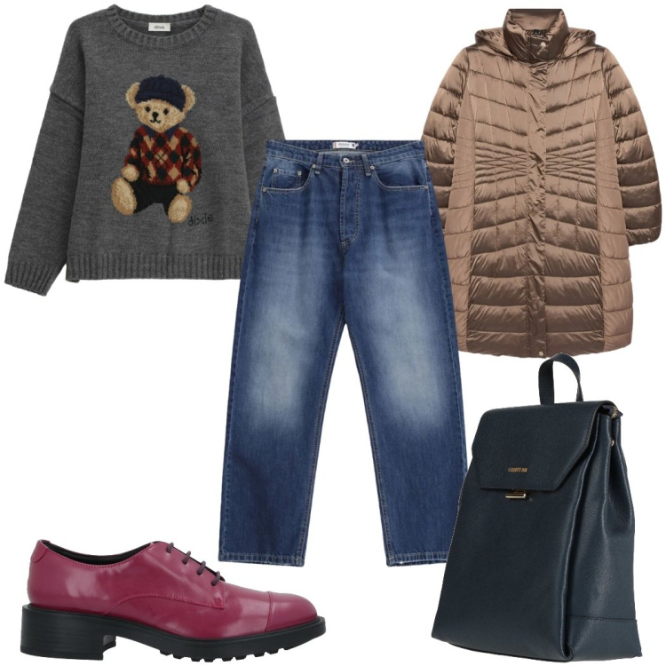 Outfit donna - Total look #2344674. Stile Trendy per Tutti i giorni. Abbinamento con zaini, scarpe stringate, piumini, maglieria, jeans dritti.