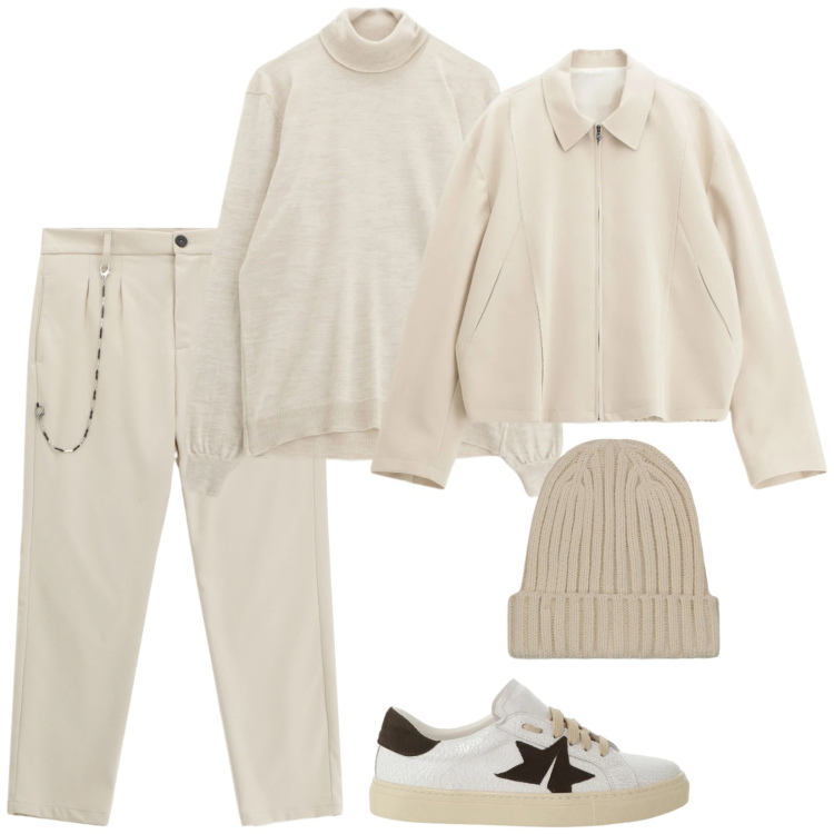 Outfit uomo - Mr White. Stile Trendy per Tutti i giorni. Abbinamento con cappotti, pantaloni, maglieria, sneakers, berretti.