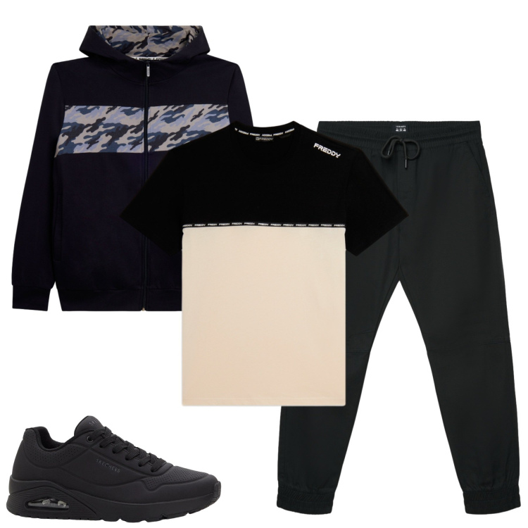 Outfit uomo - Febbraio. Stile Casual per Tutti i giorni. Abbinamento con sneakers, pantaloni corti, t-shirt, felpe con cappuccio.