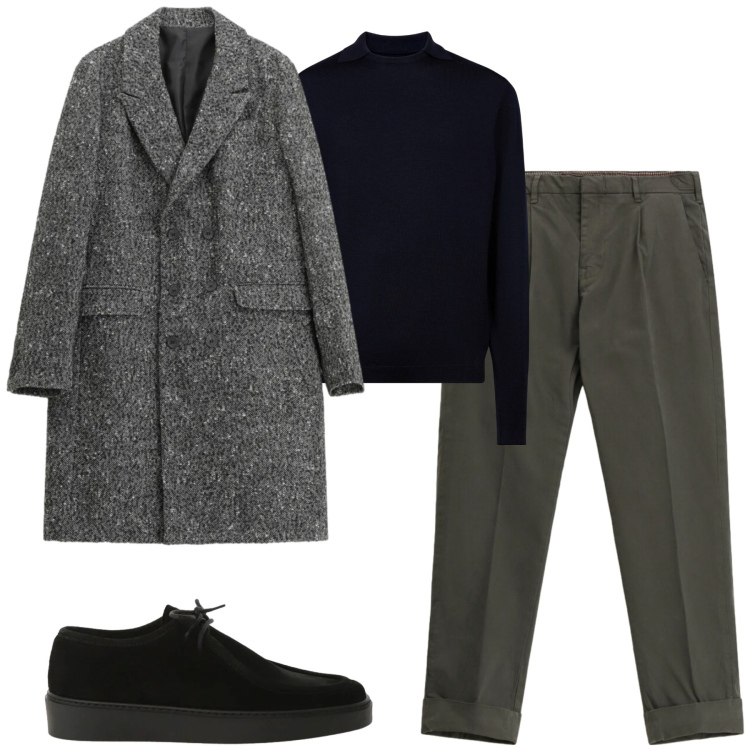 Outfit uomo - City. Stile Urban per Tutti i giorni. Abbinamento con pantaloni chino, cappotti, scarpe stringate, maglieria.