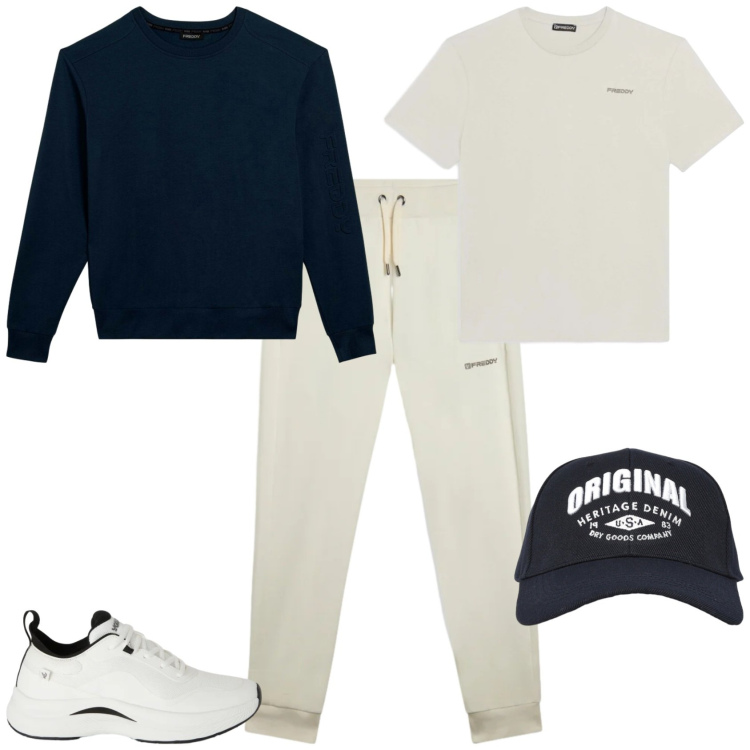 Outfit uomo - Tempo libero sport con Freddy. Stile Trendy per Sport. Abbinamento con cappelli con visiera, pantaloni, sneakers, t-shirt, felpe.