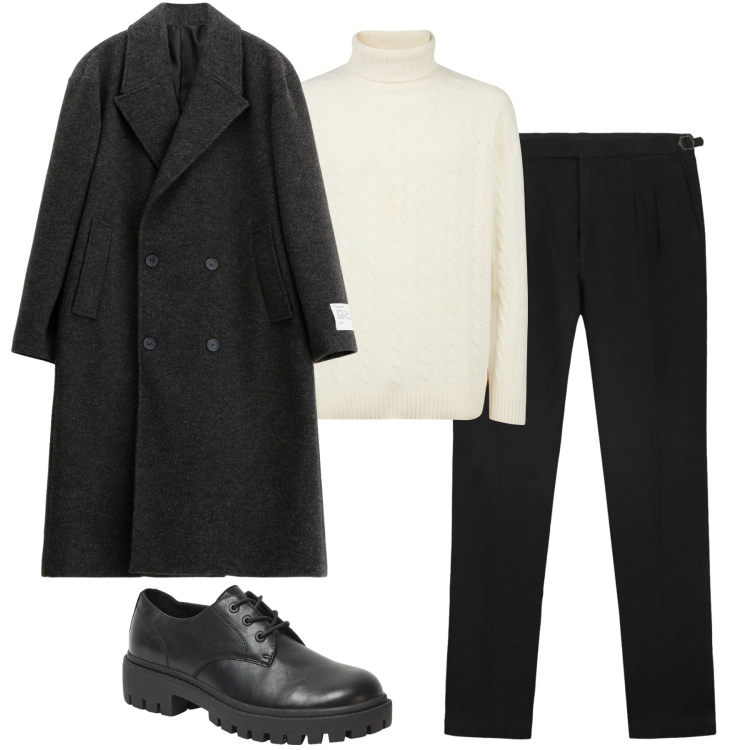 Outfit uomo - Febbraio. Stile Business/Elegante per Tutti i giorni. Abbinamento con cappotti, scarpe stringate, maglieria, pantaloni.