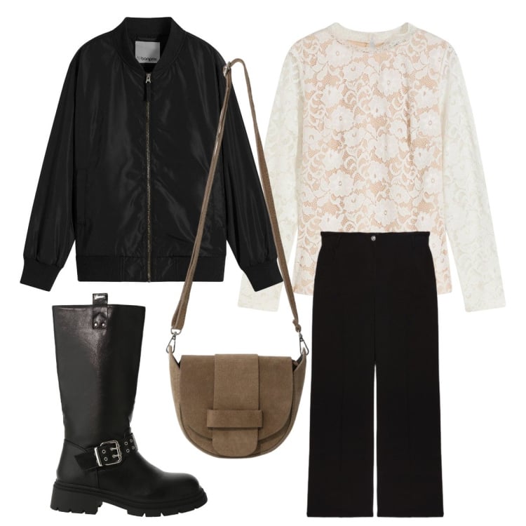 Outfit donna - Il look lo fa la borsa retrò. Stile Vintage retrò per Ufficio. Abbinamento con maglieria, bomber, stivali, pantaloni a palazzo, borse a tracolla.