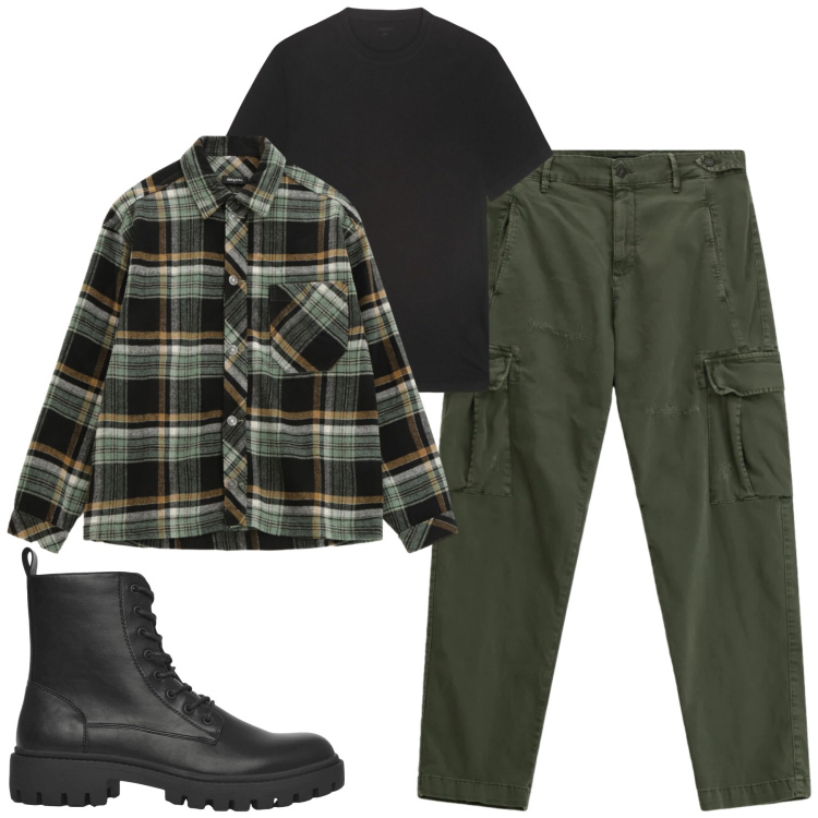 Outfit uomo - Weekend. Stile Casual per Serata speciale. Abbinamento con anfibi, pantaloni cargo, camicie, t-shirt.