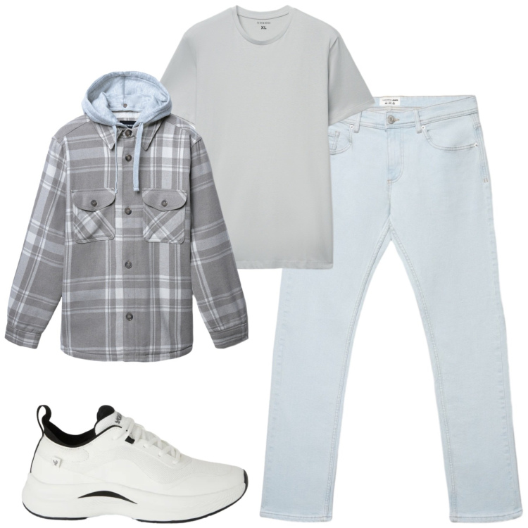 Outfit uomo - Febbraio. Stile Casual per Tutti i giorni. Abbinamento con cappotti, t-shirt, jeans, sneakers.