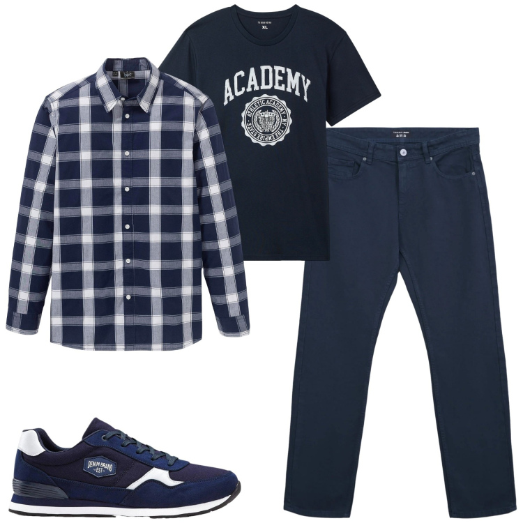 Outfit uomo - Febbraio. Stile Casual per Tutti i giorni. Abbinamento con camicie, sneakers, t-shirt sportive, jeans dritti.
