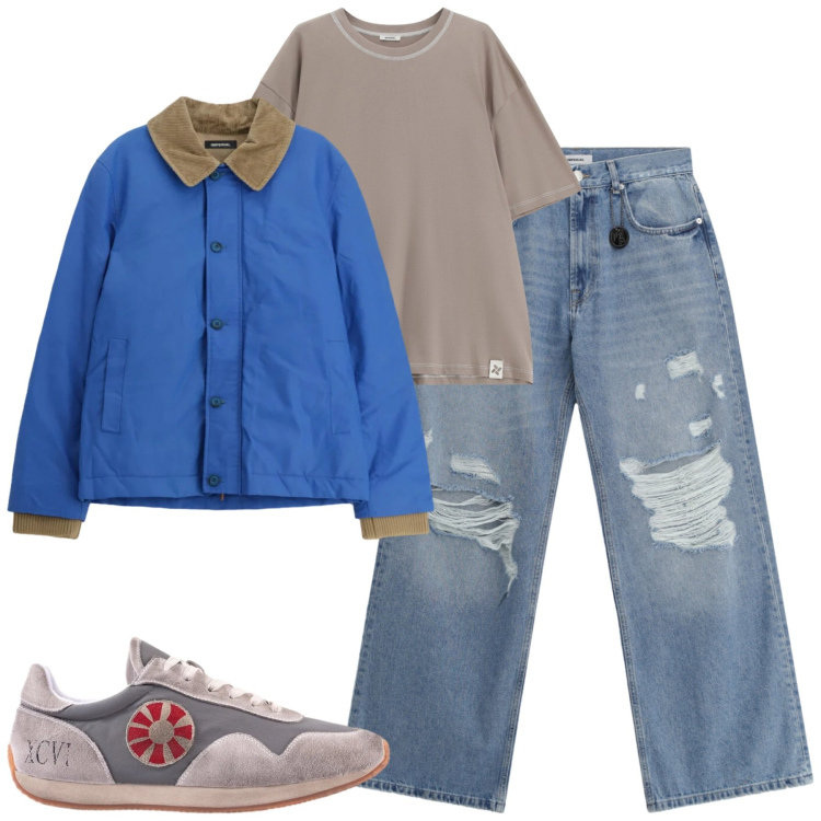 Outfit uomo - Total look #2344698. Stile Casual per Tutti i giorni. Abbinamento con cappotti, jeans strappati, t-shirt, sneakers.