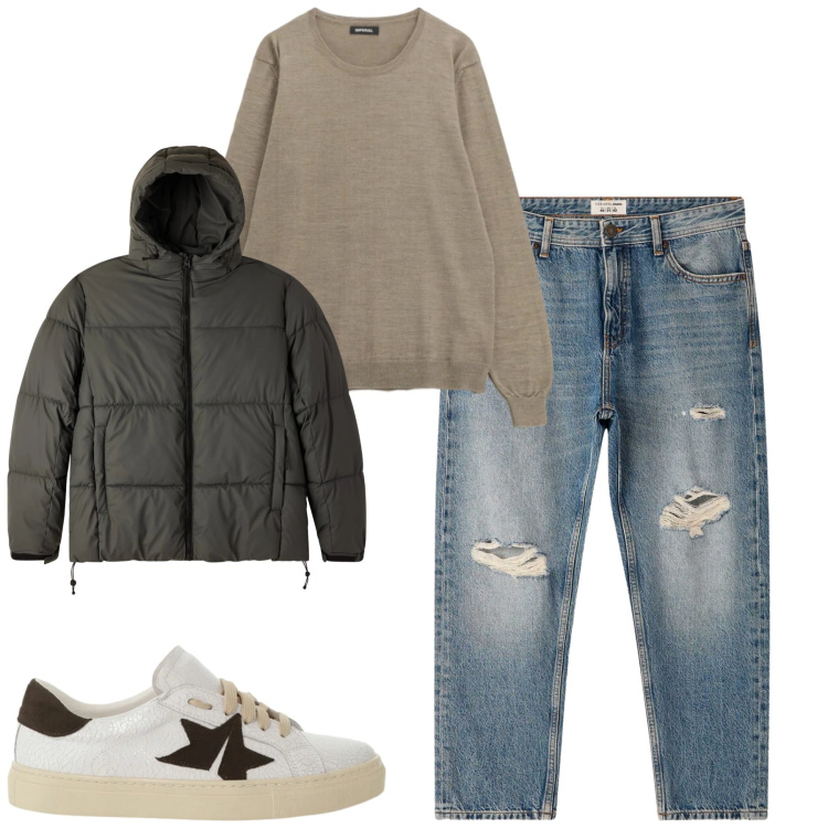 Outfit uomo - Total look #2344699. Stile Casual per Tutti i giorni. Abbinamento con bomber, jeans strappati, maglieria, sneakers.