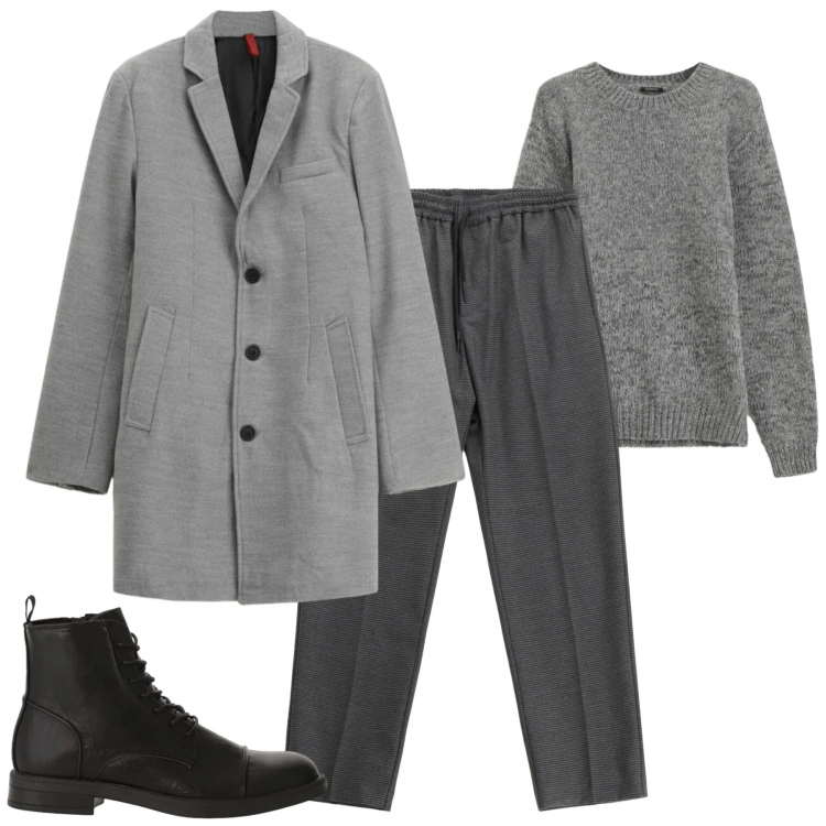 Outfit uomo - Total look #2344707. Stile Urban per Tutti i giorni. Abbinamento con pantaloni, cappotti, maglieria, anfibi.