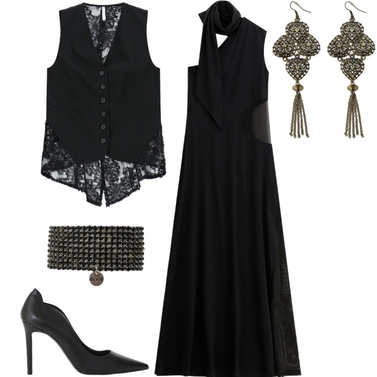 Outfit donna - Abito Cut out. Stile Casual chic per Serata fuori. Abbinamento con gilet, vestiti lunghi, décolleté, orecchini, braccialetti.