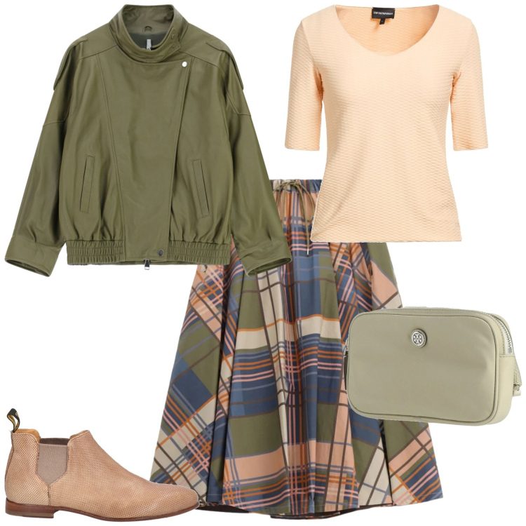 Outfit donna - Casual chic ufficio tempo libero. Stile Casual chic per Tutti i giorni. Abbinamento con stivaletti chelsea, t-shirt, marsupi, giacche, gonne lunghe.