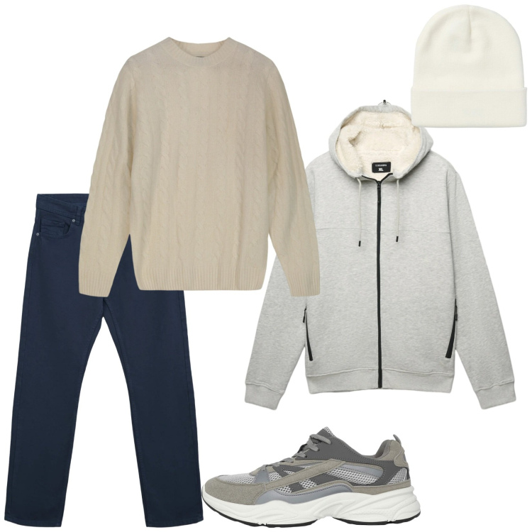 Outfit uomo - Total look #2344711. Stile Casual per Tutti i giorni. Abbinamento con sneakers, berretti, felpe con cappuccio, jeans dritti, maglieria.